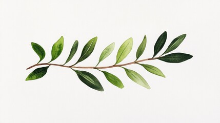 A delicate watercolor illustration of a green leaf branch showcasing various shades and textures