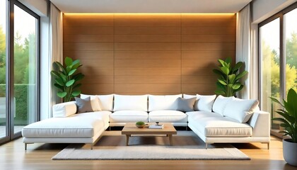 Fototapeta premium Modern Living Room Interior Design White Sectional Sofa Wooden Wall Natural Light