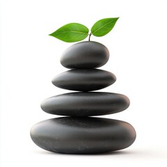 Fototapeta premium balanced stack of smooth zen stones with a small green leaf on top, isolated on white.
