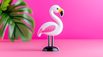 Pixel Art Flamingo On Pink Background With Tropical Leaf