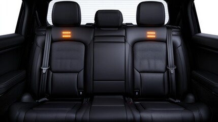 Seat belt and safety innovation, A sleek, modern car interior showcasing a luxurious black leather back seat with subtle orange accents.