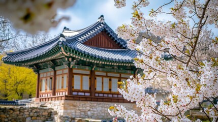 Fototapeta premium A temple house with blooming flowers in spring