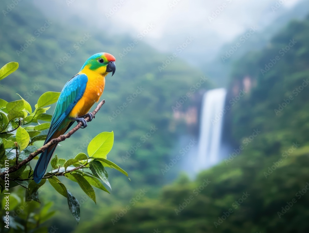 Poster colorful bird sitting on a branch with a waterfall in the background surrounded by lush greenery