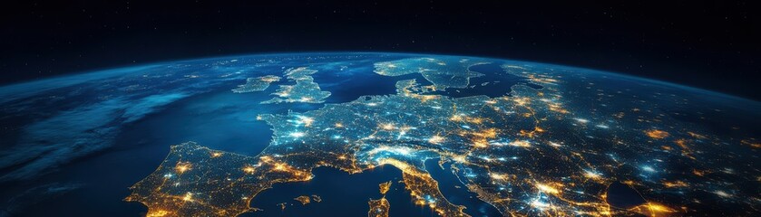 Earth viewed from space at night showcasing city lights and natural features in a dark atmosphere