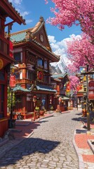 Asian street scene, cherry blossoms, mountain backdrop, sunny day, travel brochure