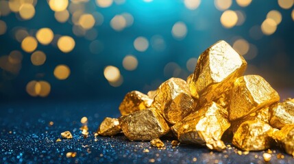 Captivating golden nuggets sparkling against a vibrant teal background symbolizing the allure of wealth prosperity and the pursuit of financial success