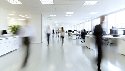 Plakat Busy office hallway, employees walking, modern workspace, city view