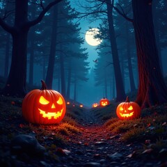 Dark forest with glowing jack-o-lanterns and spiders at dusk, aged paper, shadows, mysterious