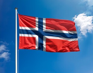 Norway flag waving in the wind against a blue sky background