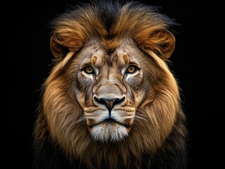 Fototapeta premium Front view closeup of a male lion studio photography isolated on black background.