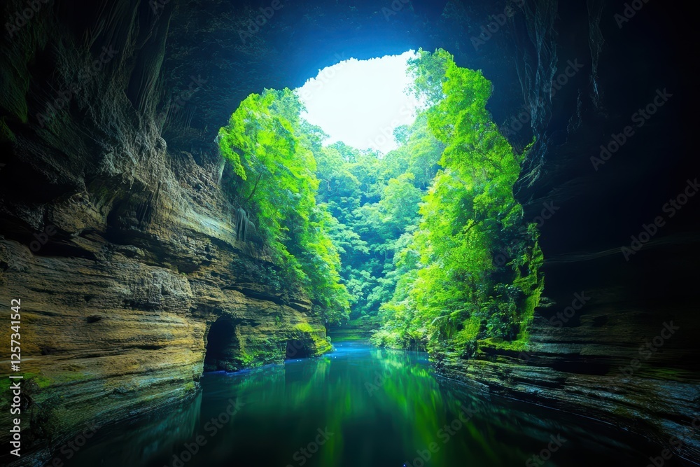 Poster river flowing through a dark cave with rock formations and reflections on the water surface