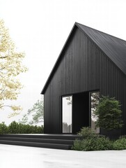 Black House Modern Architecture: Modern architectural masterpiece features sleek black exterior. The image evokes a sense of serene minimalism, with clean lines and sharp angles.
