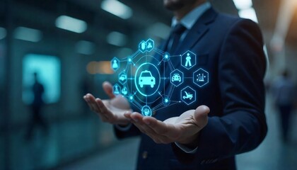 Fototapeta premium Businessman Presenting Innovative Smart Car Technology Network Concept