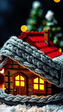Cozy illuminated miniature house wrapped in a knitted sweater, surrounded by festive decorations
