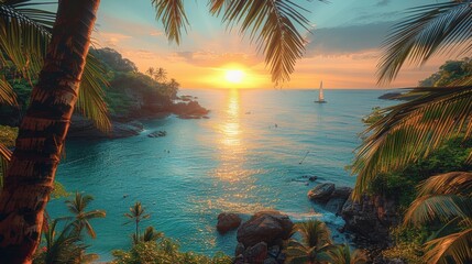 Serene sunset over a tropical beach with palm trees, a sailboat in the distance, and calm waters