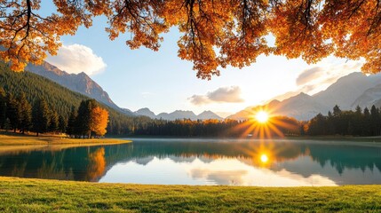 Fototapeta premium Autumn Sunrise Over Mountain Lake
