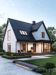 Modern Residence: Capturing a modern home, showcasing architectural elegance with a striking black roof, lush landscaping, and large windows.