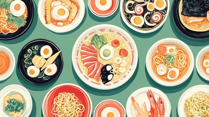 Traditional Asian ramen dish with chopsticks lifting noodles, showcasing authentic Japanese cuisine, great for cookbooks, posters, and food branding, artistic ink style