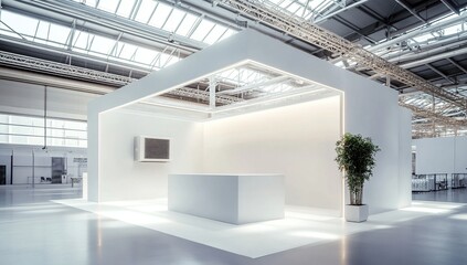 Modern Exhibition Stand Design: Clean Minimalist White Booth with Integrated Lighting and Plant Accents