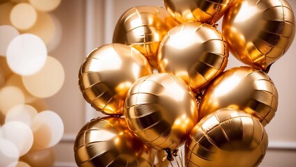 Golden birthday balloons, bokeh background