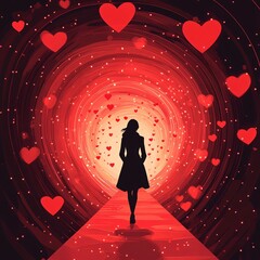 A vector illustration of a traveler walking through an endless tunnel, with heart-shaped lights leading the way.