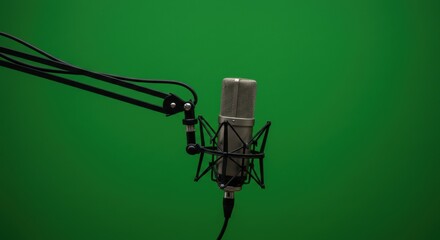 Podcast microphone with adjustable arm against green background