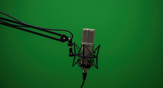 Podcast microphone with adjustable arm against green background
