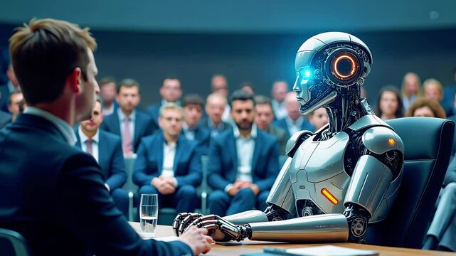 A humanoid robot engages in a discussion with a human in a corporate setting, with an audience observing