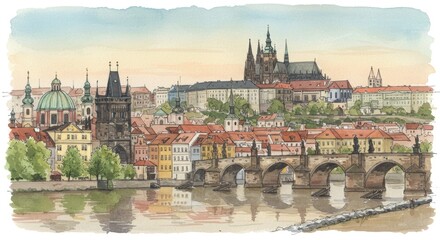 Naklejka premium Charming prague skyline with historic charles bridge and st. vitus cathedral