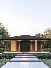 Modern Minimalist Home: A contemporary and stylish modern house with a sleek design and a minimalist exterior. The home is nestled amidst lush greenery with stone steps leading up to the entrance.