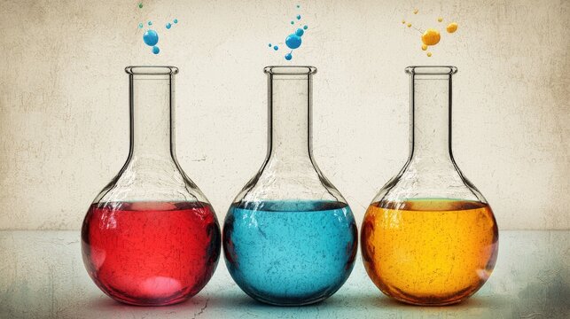 Colorful liquids in beakers, lab experiment, science, textured background, research