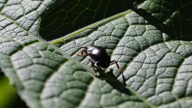 Close-up video shot of a beetle on a textured green leaf, capturing intricate details and natural patterns from a top-down angle.