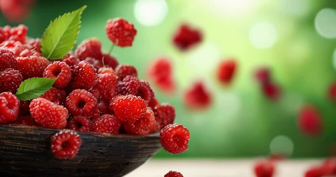 Fresh juicy raspberry in a wooden bowl on table on summer green grass background with copy space. Diet, healthy nutrition concept.
