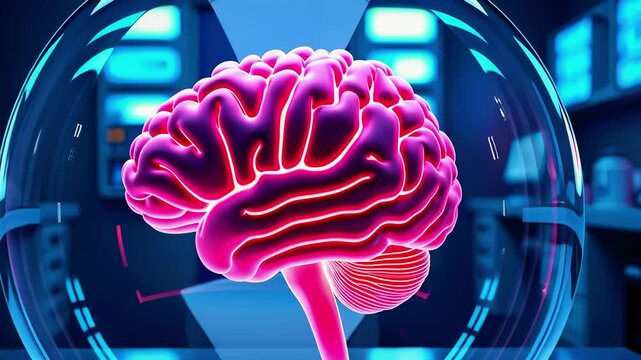 Futuristic depiction of a glowing brain in a glass dome within a high-tech laboratory setting