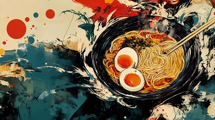 Detailed ramen illustration with eggs, seaweed, and broth, perfect for restaurant advertisements, menu layouts, and digital marketing, retro comic book style