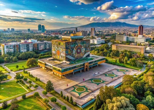 Orbital satellite imagery reveals the grandeur of UNAM's Central Library against Mexico City's sprawling landscape.