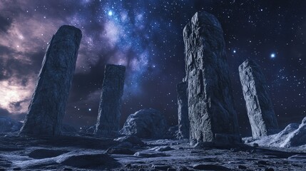 Fototapeta premium Ancient stonehenge-like structures under starry skies