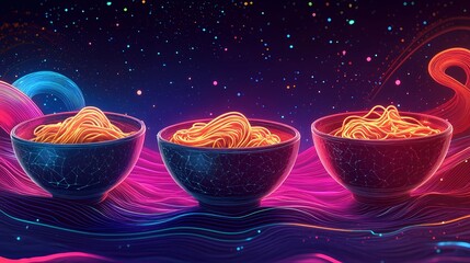 Detailed ramen illustration with eggs, seaweed, and broth, perfect for restaurant advertisements, menu layouts, and digital marketing, retro comic book style