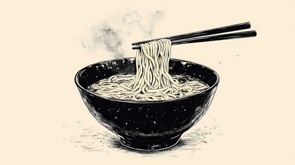 Detailed ramen illustration with eggs, seaweed, and broth, perfect for restaurant advertisements, menu layouts, and digital marketing, retro comic book style