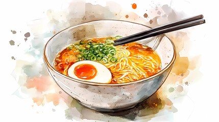 Detailed ramen illustration with eggs, seaweed, and broth, perfect for restaurant advertisements, menu layouts, and digital marketing, retro comic book style