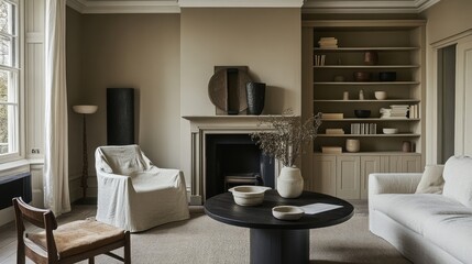 A cozy living room with walls painted in Morning Sand, paired with wooden furniture.