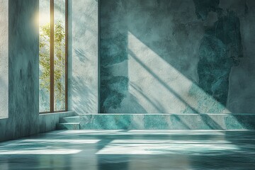 Abstract Minimalist Concrete Room Interior with Natural Light from a Window, Photorealistic 3D Rendering.