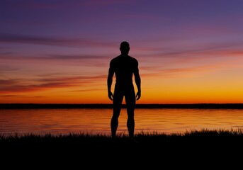 Silhouette Man Lake Sunset Landscape Photography