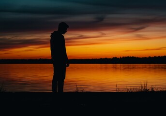 Fototapeta premium Silhouette Man Lake Sunset Landscape Photography