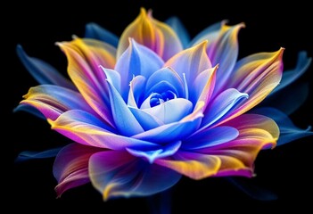 Colorful Flower Blooms With Vibrant Hues of Blue, Purple, and Gold in Dark Space. Generative AI