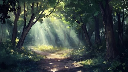 Obraz premium Sunbeams illuminate forest path, nature background