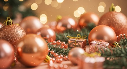 Elegant Christmas Decoration with Rose Gold Baubles and Fairy Lights