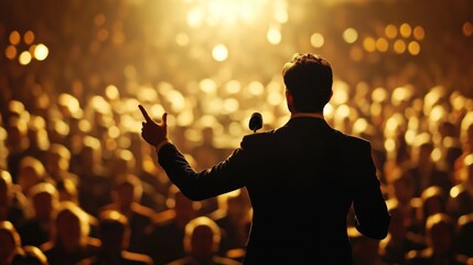 A motivational speaker inspiring a large business audience.