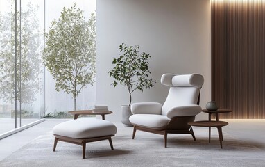 Minimalist high-end furniture ad, a designer lounge chair set in a spacious modern interior with soft natural light