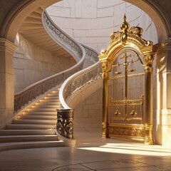 Elegant Gold Gate With Decorative Elements Beside Curved Staircase In Majestic Hallway And A View To The Outside Area With A Gorgeous Landscape and Lightings.  High Ceiling And Classical